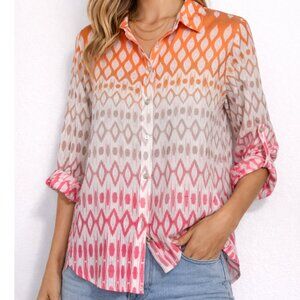 Chico's Ikat Print Button Down Blouse Women’s Size 1 Roll Tab Sleeve